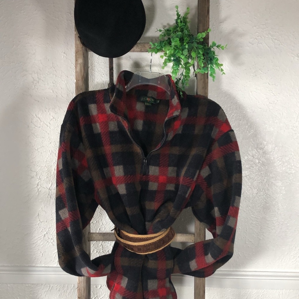 J Crew Plaid Polar Fleece Quarter Zip Over Jacket Red Black Unisex Fleece - Picture 10 of 16